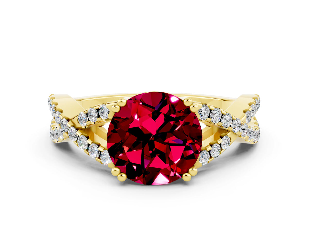 Round Cut Garnet Solitaire Ring in Yellow gold with Interwoven Pavé Band and Prong Setting