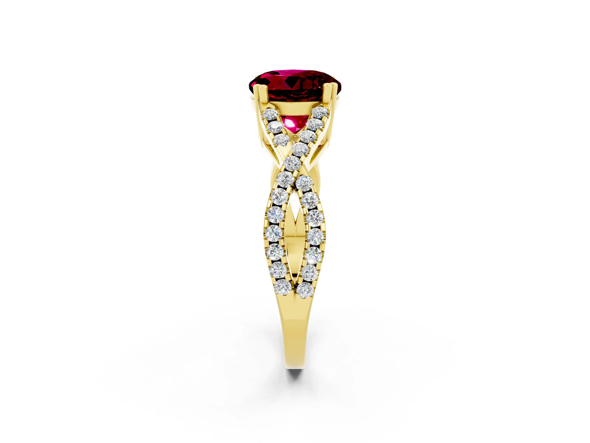 Round Cut Garnet Solitaire Ring in Yellow gold with Interwoven Pavé Band and Prong Setting_2