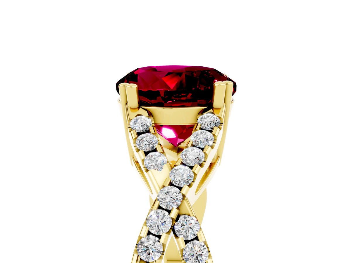 Round Cut Garnet Solitaire Ring in Yellow gold with Interwoven Pavé Band and Prong Setting_5