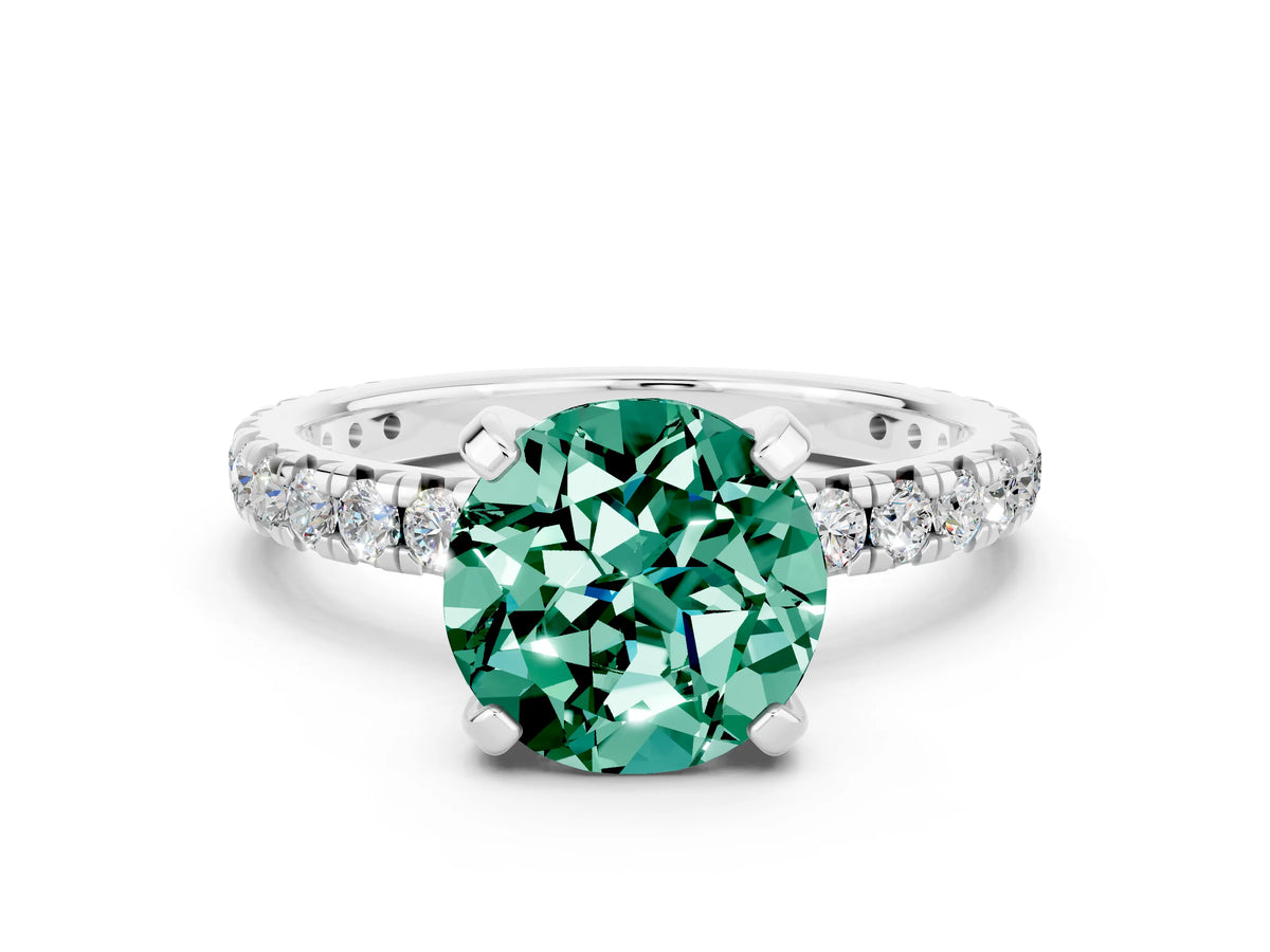 Round Cut Green Sapphire Pavé Solitaire Ring in Silver with Round Pavé Band and Prong Setting