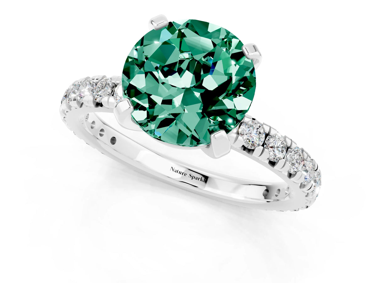 Round Cut Green Sapphire Pavé Solitaire Ring in Silver with Round Pavé Band and Prong Setting_1