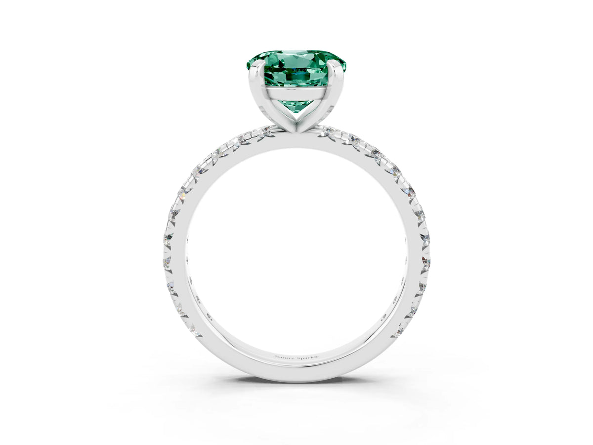 Round Cut Green Sapphire Pavé Solitaire Ring in Silver with Round Pavé Band and Prong Setting_3