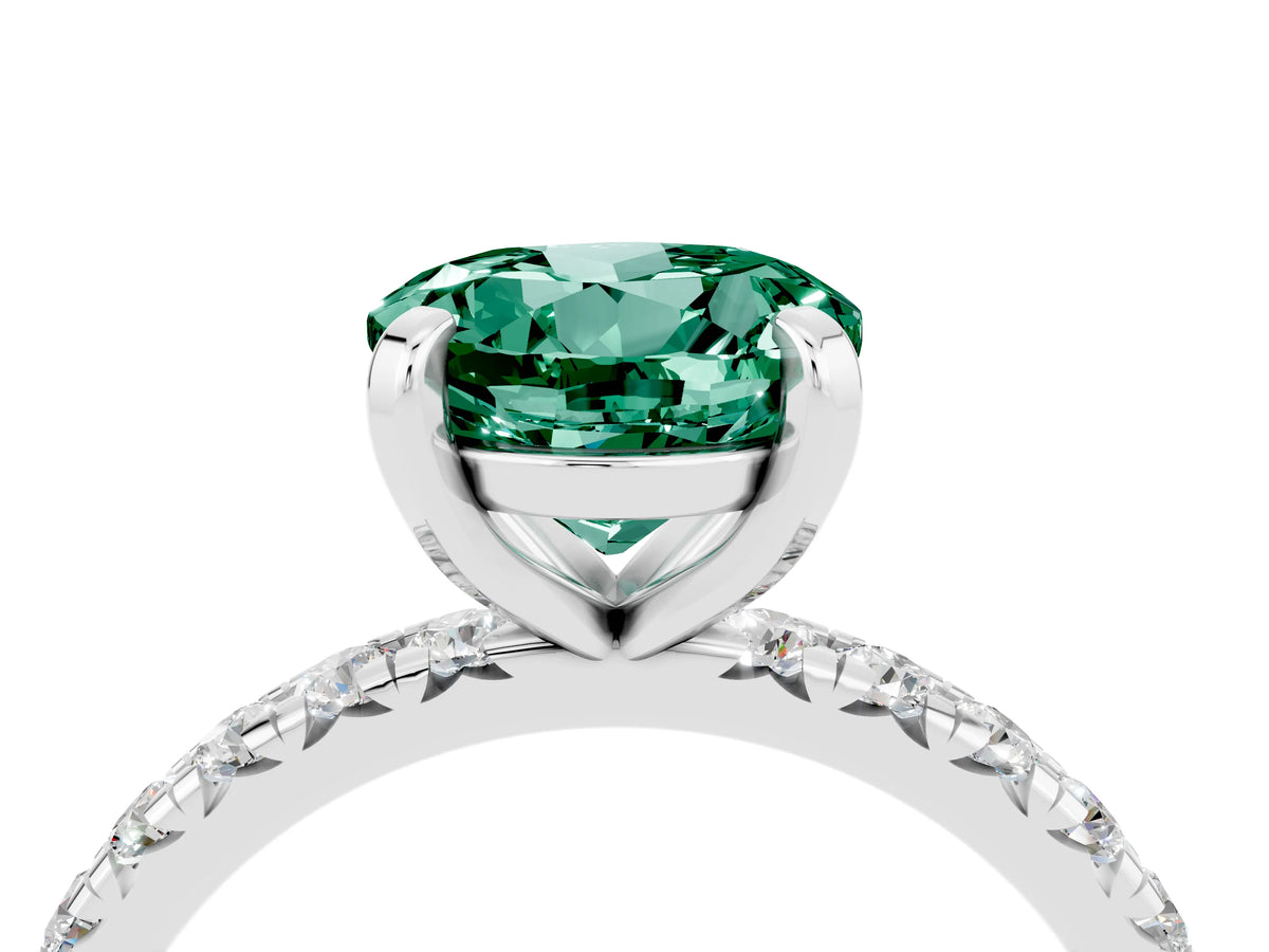 Round Cut Green Sapphire Pavé Solitaire Ring in Silver with Round Pavé Band and Prong Setting_4