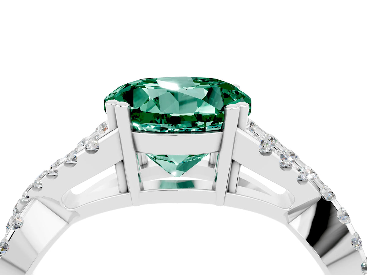 Round Cut Green Sapphire Solitaire Ring in Platinum with Interwoven Pavé Band and Prong Setting_10