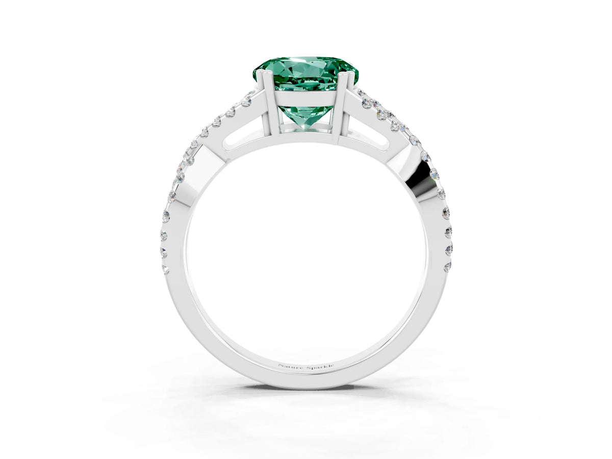 Round Cut Green Sapphire Solitaire Ring in Platinum with Interwoven Pavé Band and Prong Setting_9