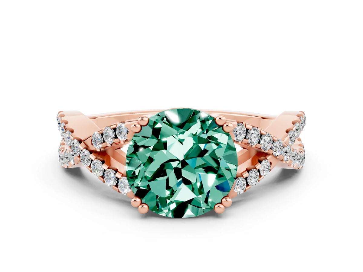 Round Cut Green Sapphire Solitaire Ring in Rose gold with Interwoven Pavé Band and Prong Setting