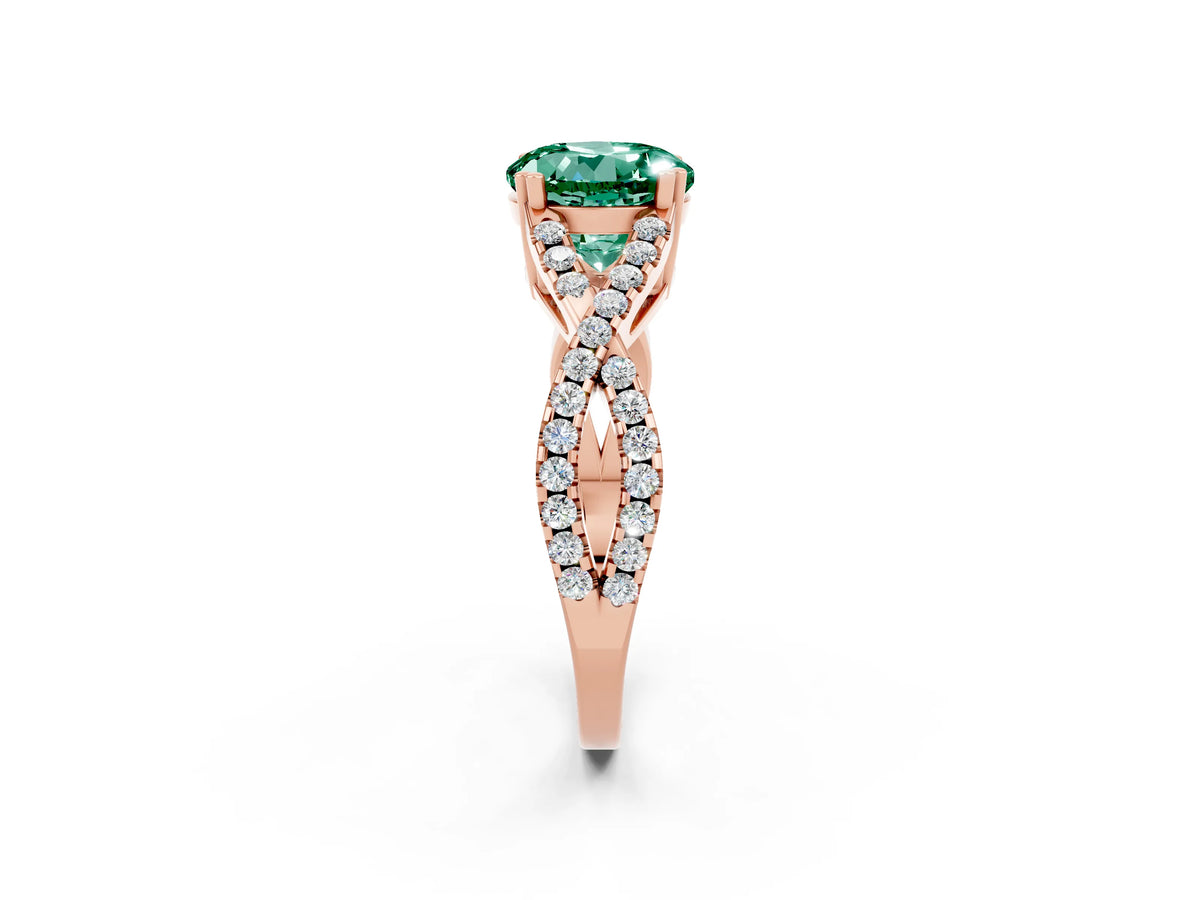Round Cut Green Sapphire Solitaire Ring in Rose gold with Interwoven Pavé Band and Prong Setting_2