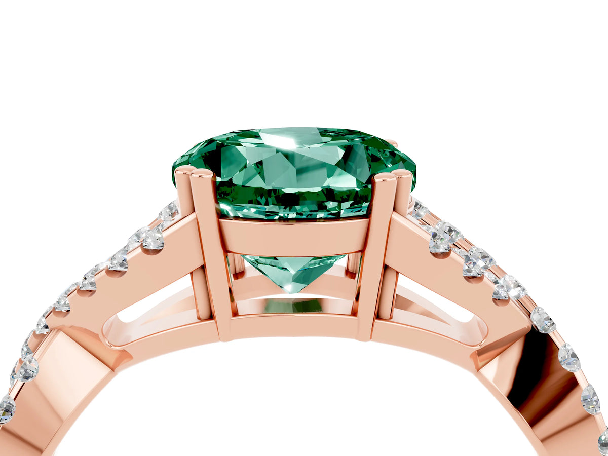 Round Cut Green Sapphire Solitaire Ring in Rose gold with Interwoven Pavé Band and Prong Setting_4