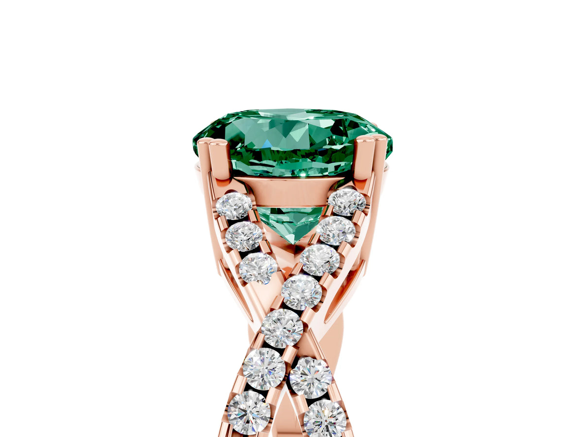 Round Cut Green Sapphire Solitaire Ring in Rose gold with Interwoven Pavé Band and Prong Setting_5