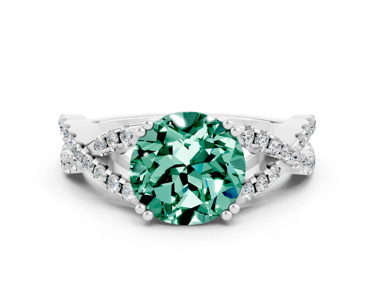Round Cut Green Sapphire Solitaire Ring in White gold with Interwoven Pavé Band and Prong Setting