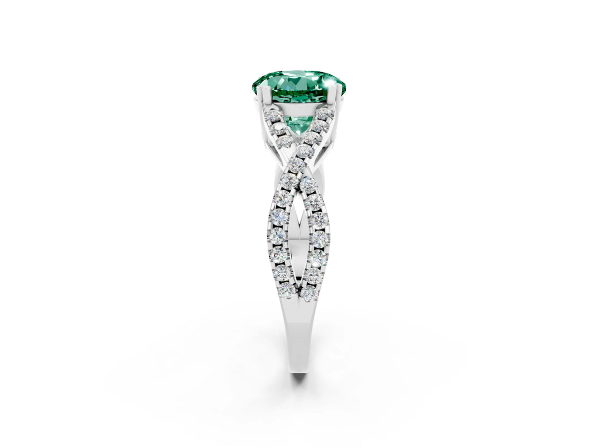 Round Cut Green Sapphire Solitaire Ring in White gold with Interwoven Pavé Band and Prong Setting_2