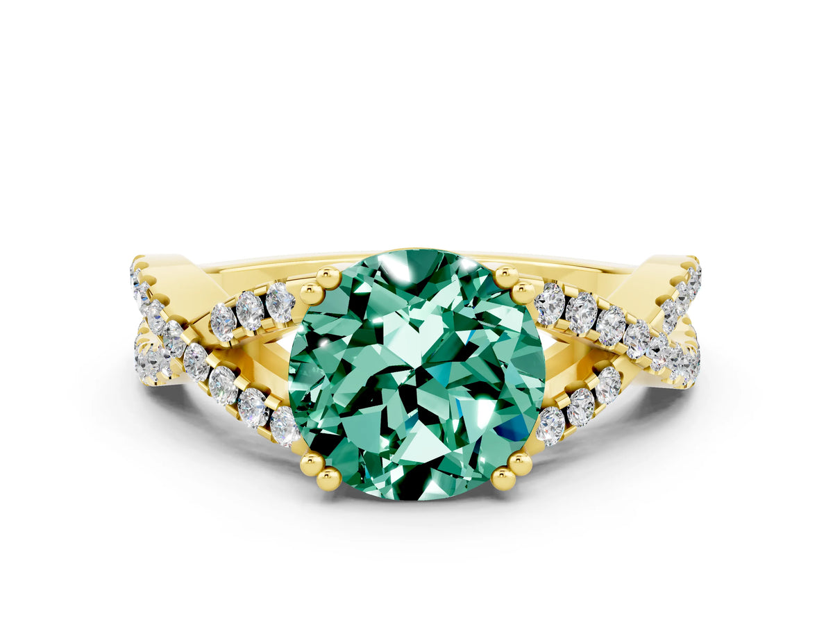 Round Cut Green Sapphire Solitaire Ring in Yellow gold with Interwoven Pavé Band and Prong Setting
