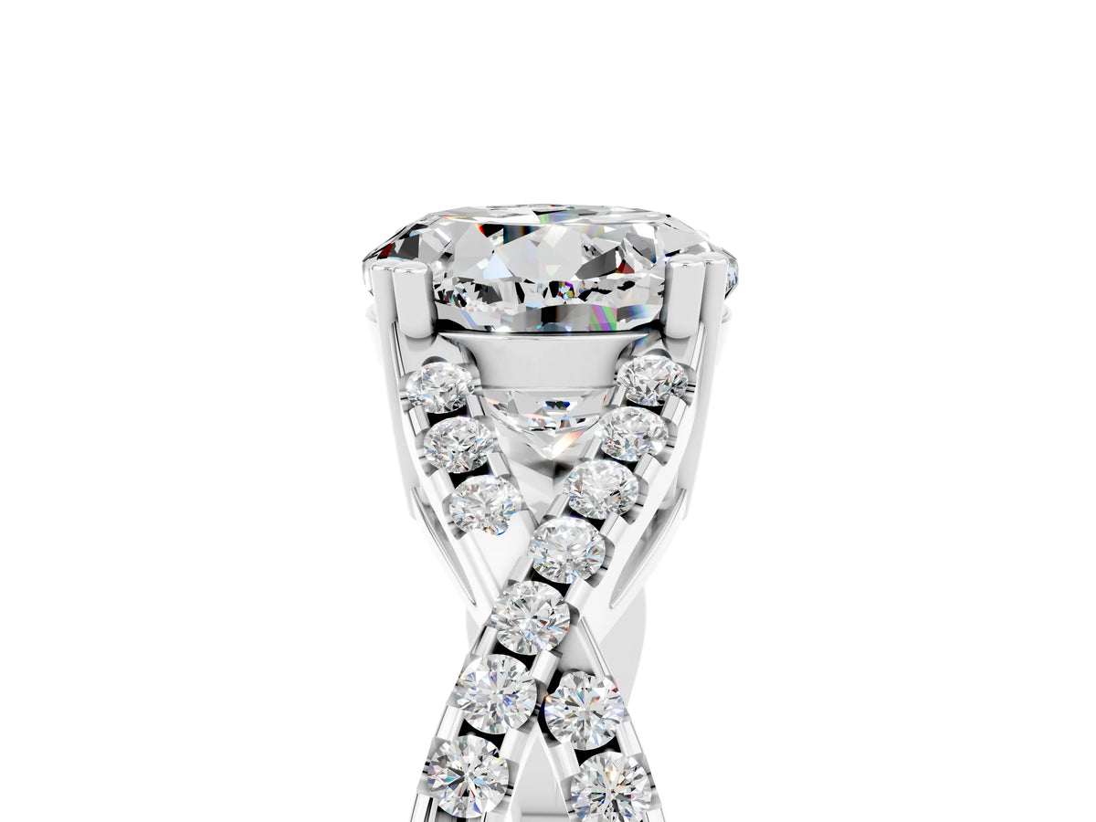 Round Cut Moissanite Solitaire Ring in Platinum with Interwoven Pavé Band and Prong Setting_11