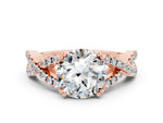 Round Cut Moissanite Solitaire Ring in Rose gold with Interwoven Pavé Band and Prong Setting