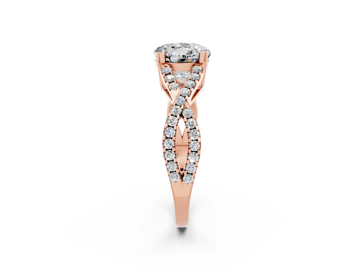 Round Cut Moissanite Solitaire Ring in Rose gold with Interwoven Pavé Band and Prong Setting_2