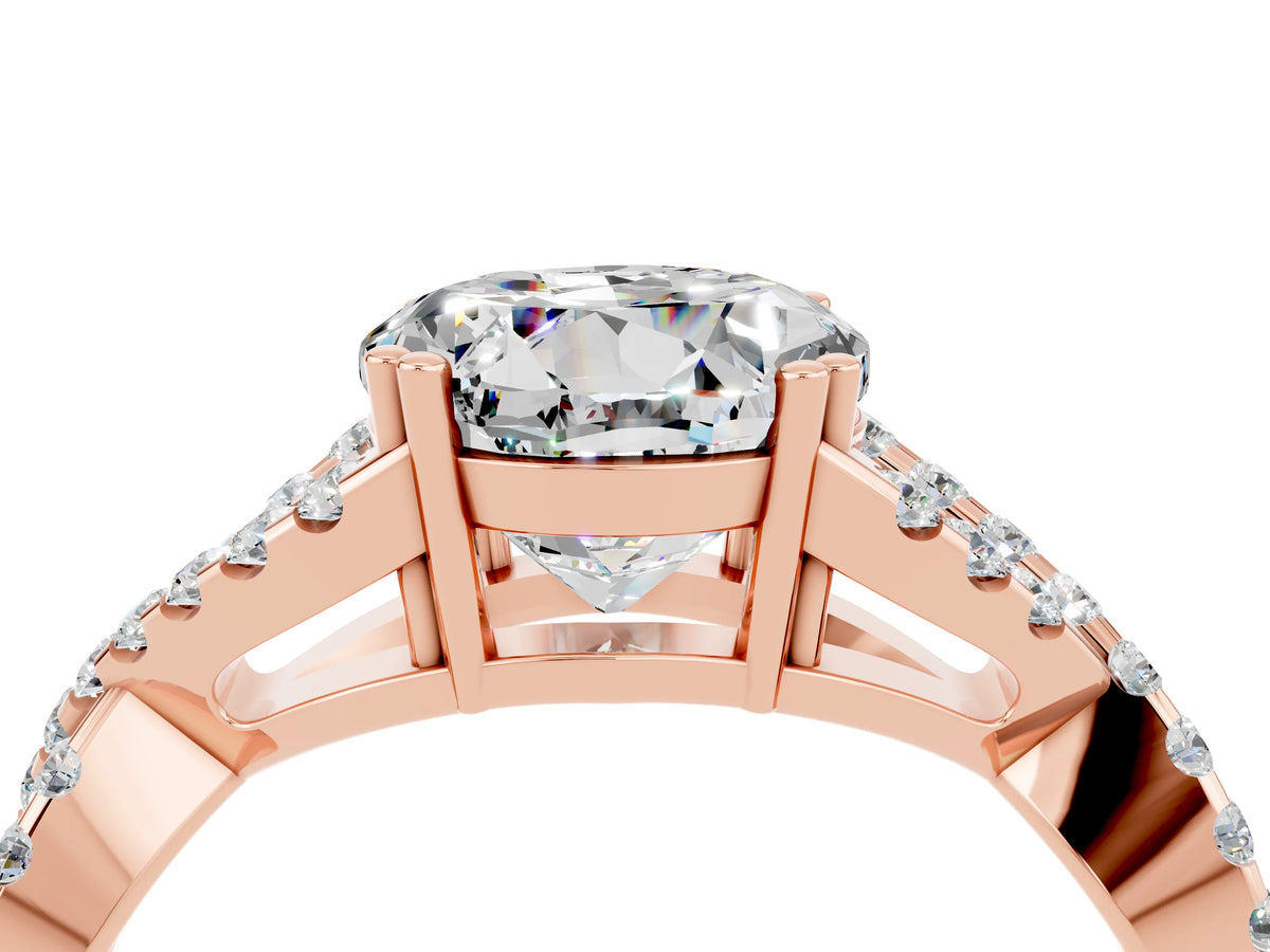 Round Cut Moissanite Solitaire Ring in Rose gold with Interwoven Pavé Band and Prong Setting_4