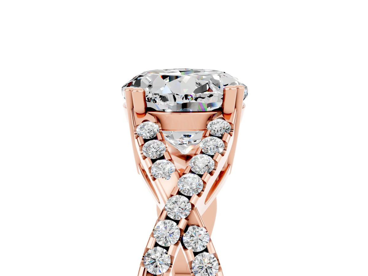 Round Cut Moissanite Solitaire Ring in Rose gold with Interwoven Pavé Band and Prong Setting_5
