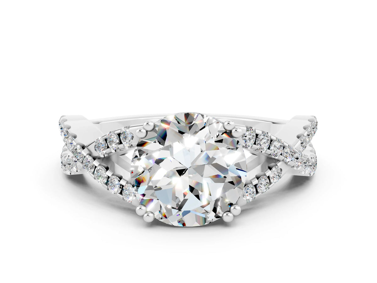 Round Cut Moissanite Solitaire Ring in White gold with Interwoven Pavé Band and Prong Setting