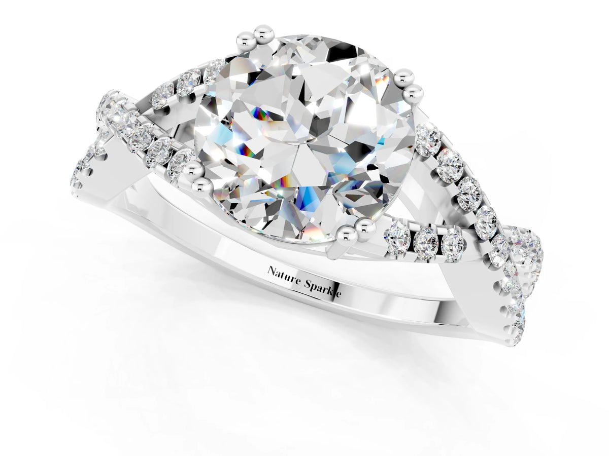 Round Cut Moissanite Solitaire Ring in White gold with Interwoven Pavé Band and Prong Setting_1