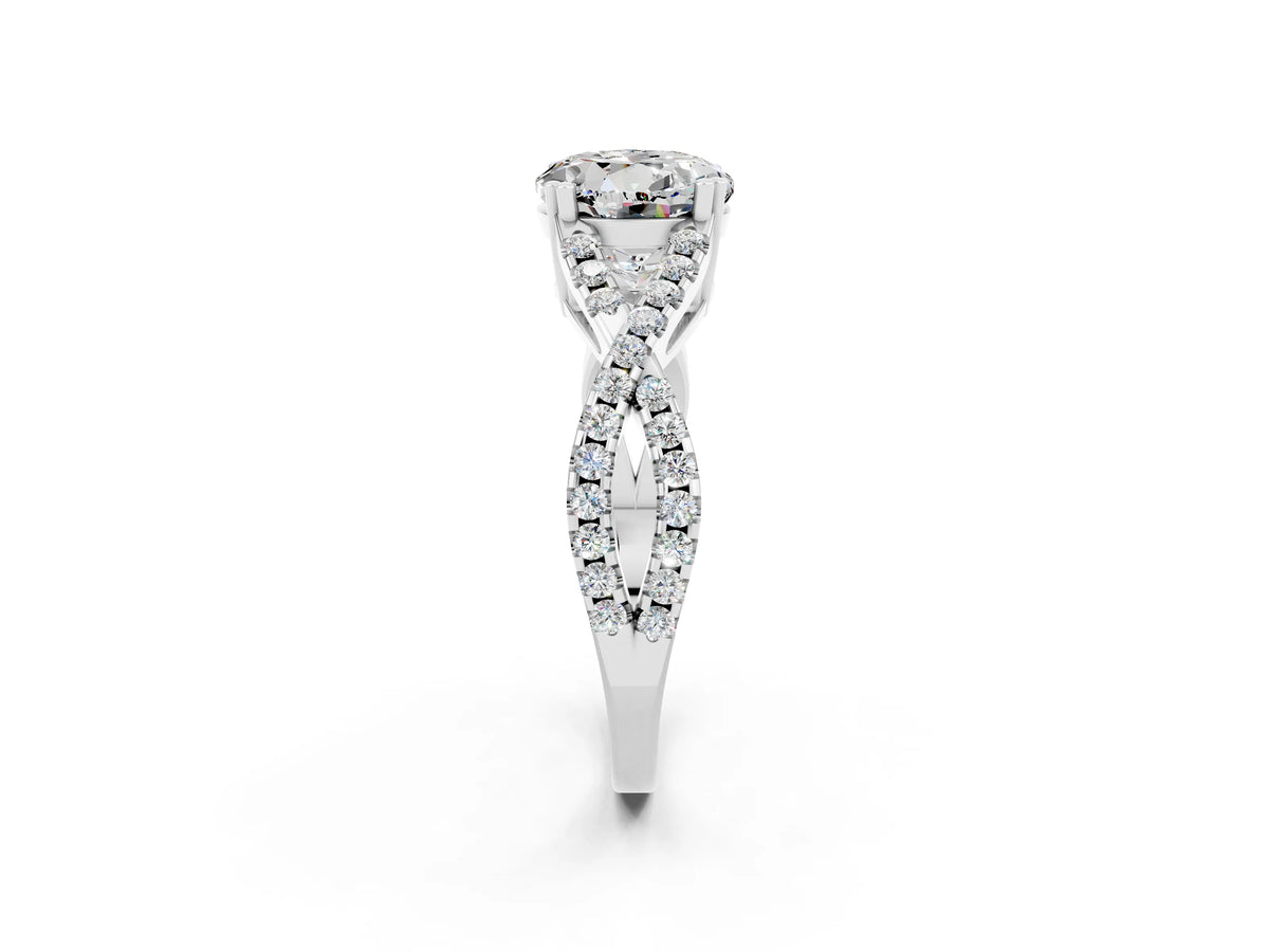 Round Cut Moissanite Solitaire Ring in White gold with Interwoven Pavé Band and Prong Setting_2
