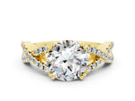 Round Cut Moissanite Solitaire Ring in Yellow gold with Interwoven Pavé Band and Prong Setting