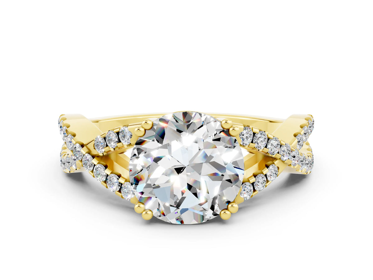 Round Cut Moissanite Solitaire Ring in Yellow gold with Interwoven Pavé Band and Prong Setting