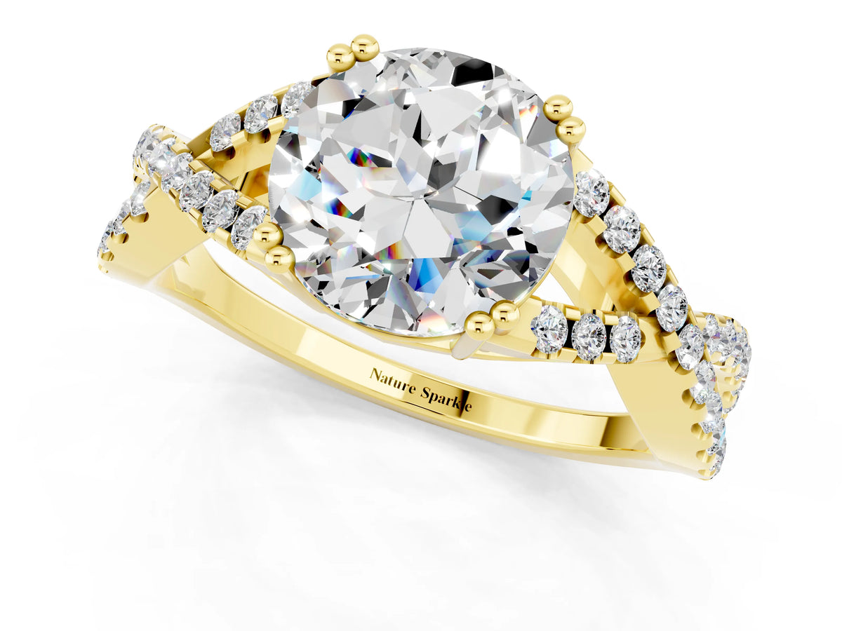 Round Cut Moissanite Solitaire Ring in Yellow gold with Interwoven Pavé Band and Prong Setting_1
