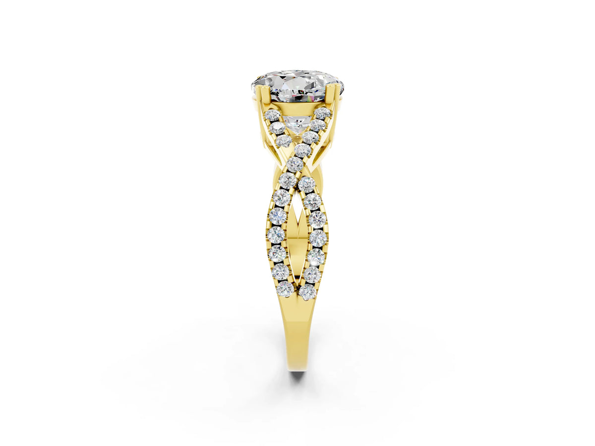 Round Cut Moissanite Solitaire Ring in Yellow gold with Interwoven Pavé Band and Prong Setting_2