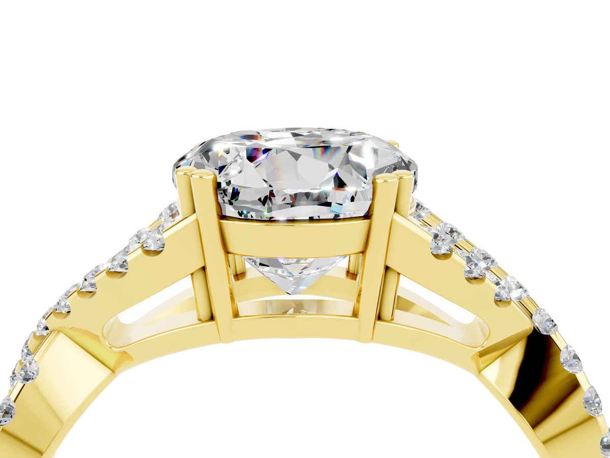 Round Cut Moissanite Solitaire Ring in Yellow gold with Interwoven Pavé Band and Prong Setting_4
