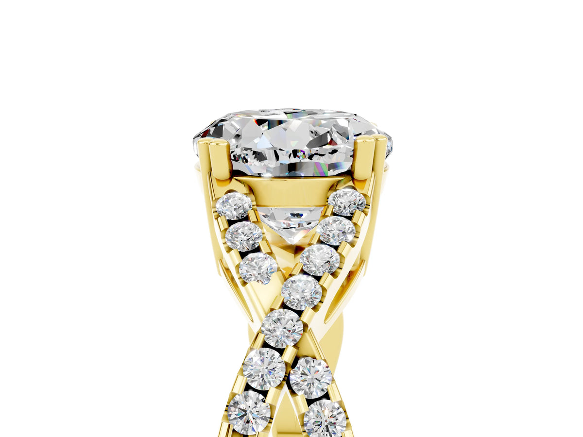 Round Cut Moissanite Solitaire Ring in Yellow gold with Interwoven Pavé Band and Prong Setting_5