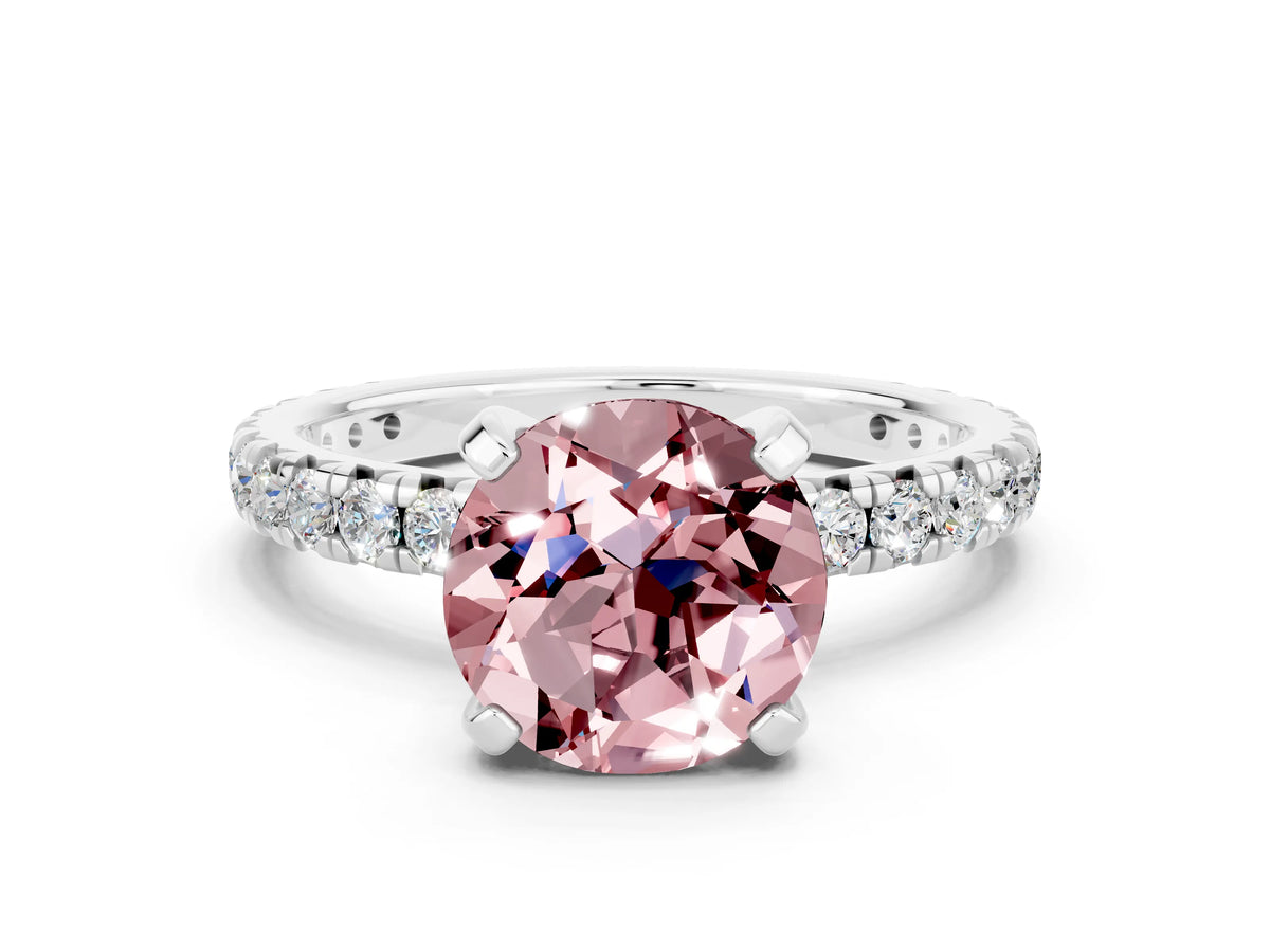 Round Cut Morganite Pavé Solitaire Ring in Silver with Round Pavé Band and Prong Setting