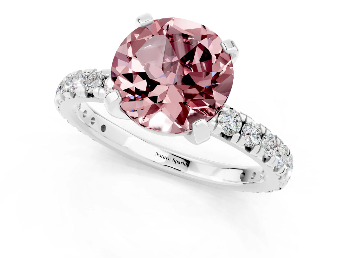 Round Cut Morganite Pavé Solitaire Ring in Silver with Round Pavé Band and Prong Setting_1