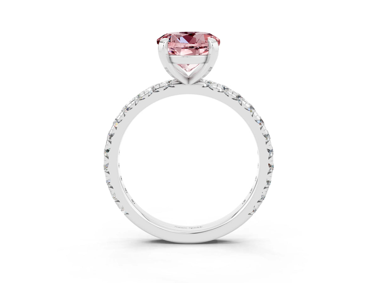 Round Cut Morganite Pavé Solitaire Ring in Silver with Round Pavé Band and Prong Setting_3