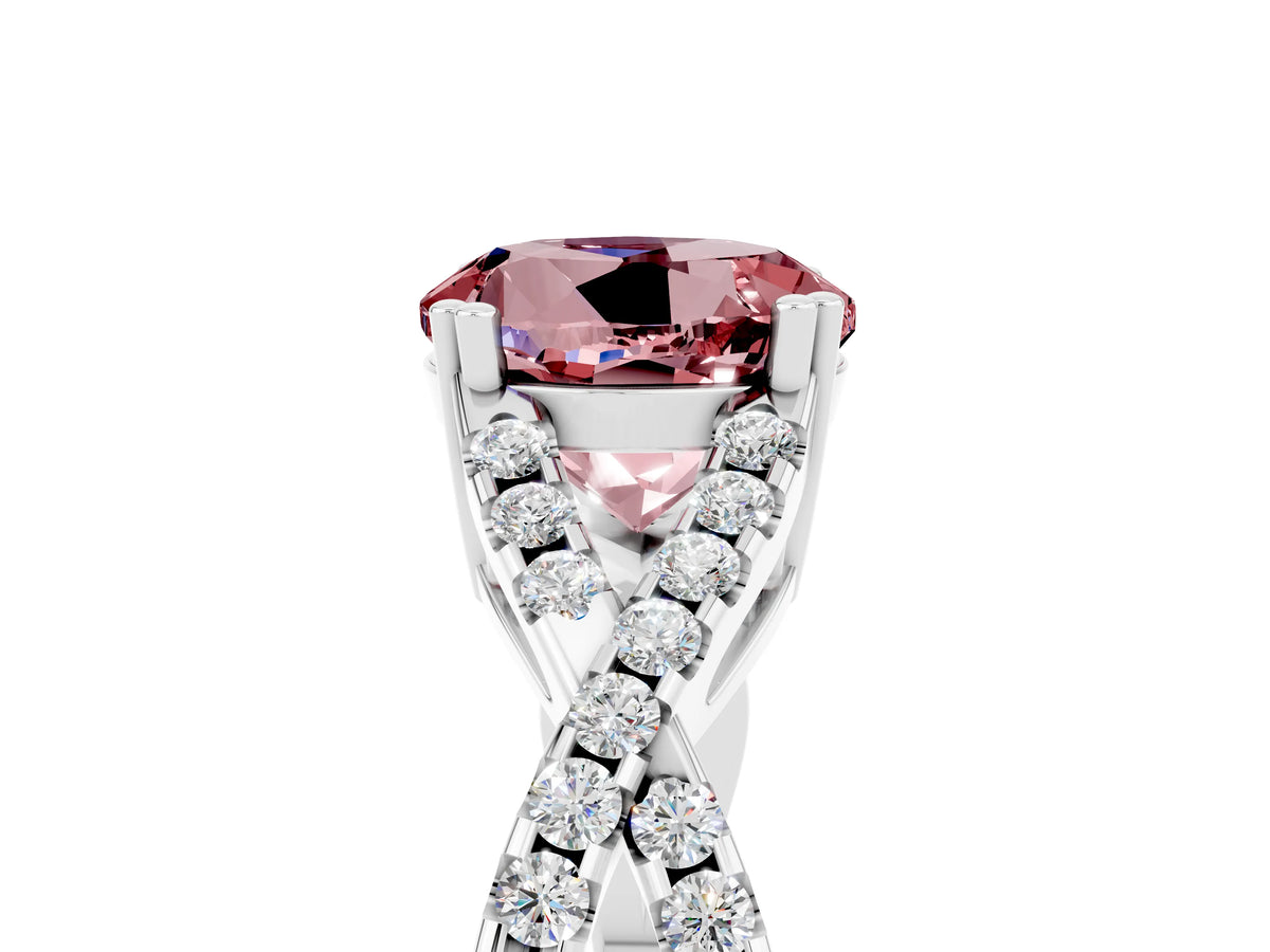Round Cut Morganite Solitaire Ring in Platinum with Interwoven Pavé Band and Prong Setting_11