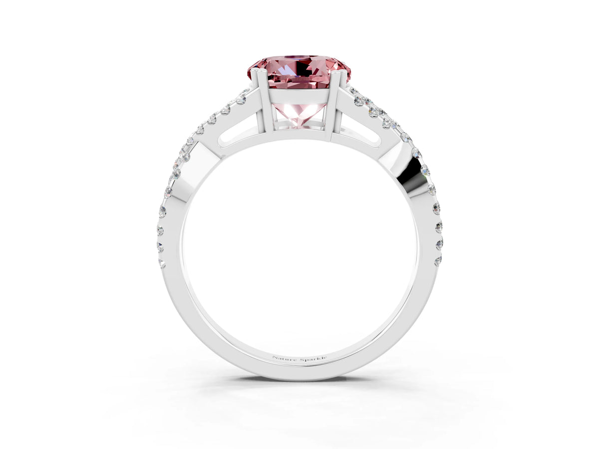 Round Cut Morganite Solitaire Ring in Platinum with Interwoven Pavé Band and Prong Setting_9