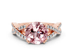 Round Cut Morganite Solitaire Ring in Rose gold with Interwoven Pavé Band and Prong Setting