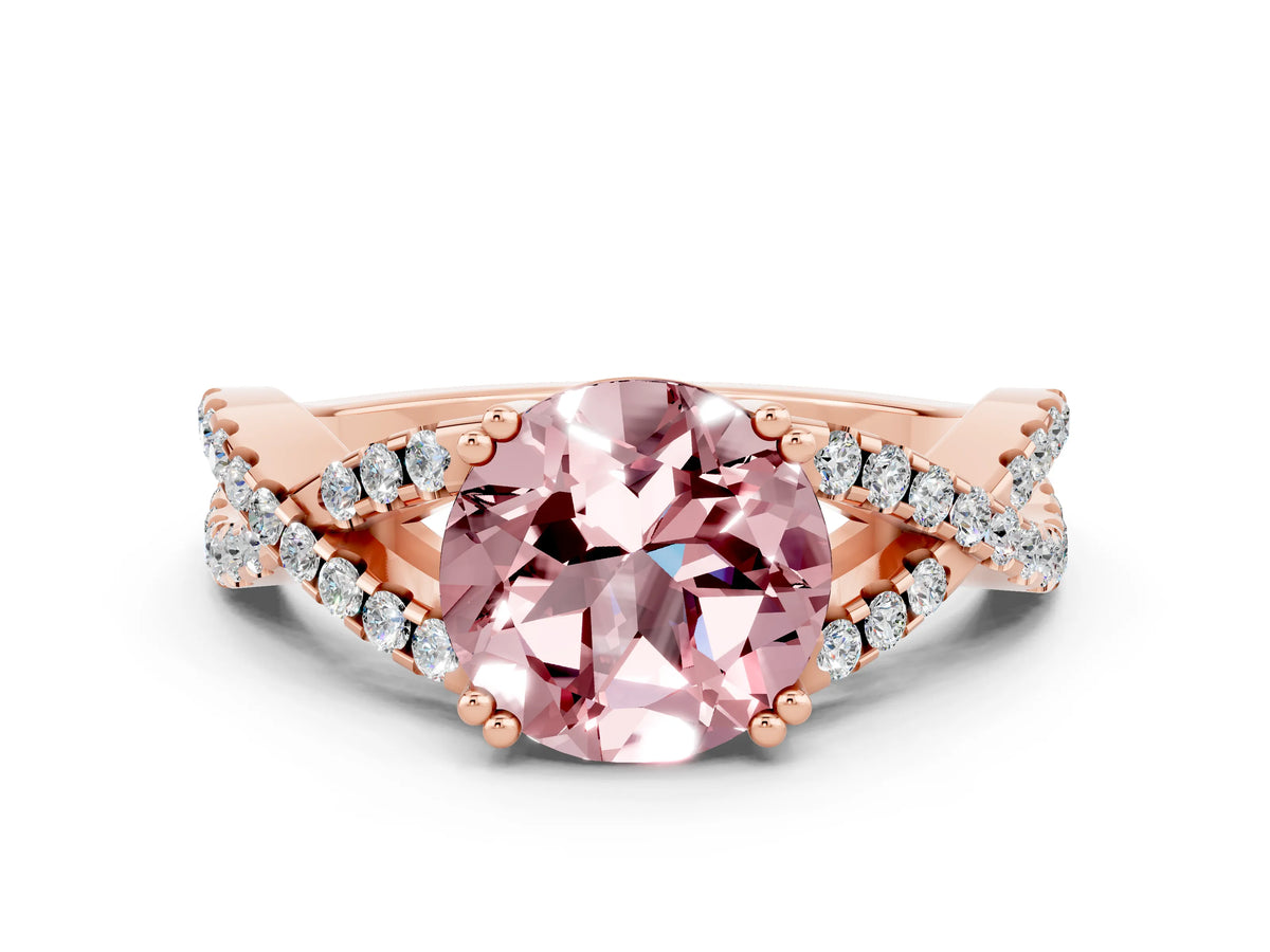 Round Cut Morganite Solitaire Ring in Rose gold with Interwoven Pavé Band and Prong Setting