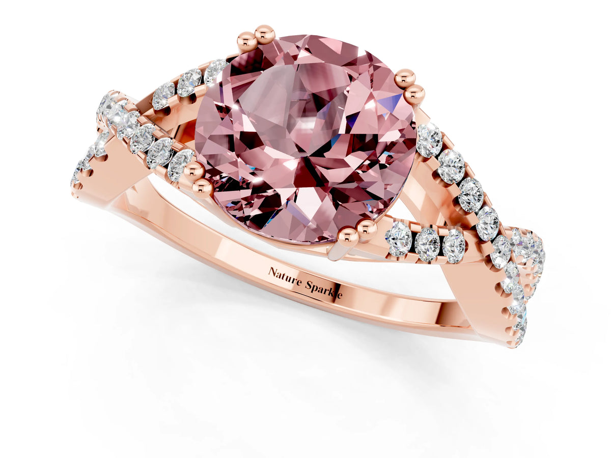 Round Cut Morganite Solitaire Ring in Rose gold with Interwoven Pavé Band and Prong Setting_1