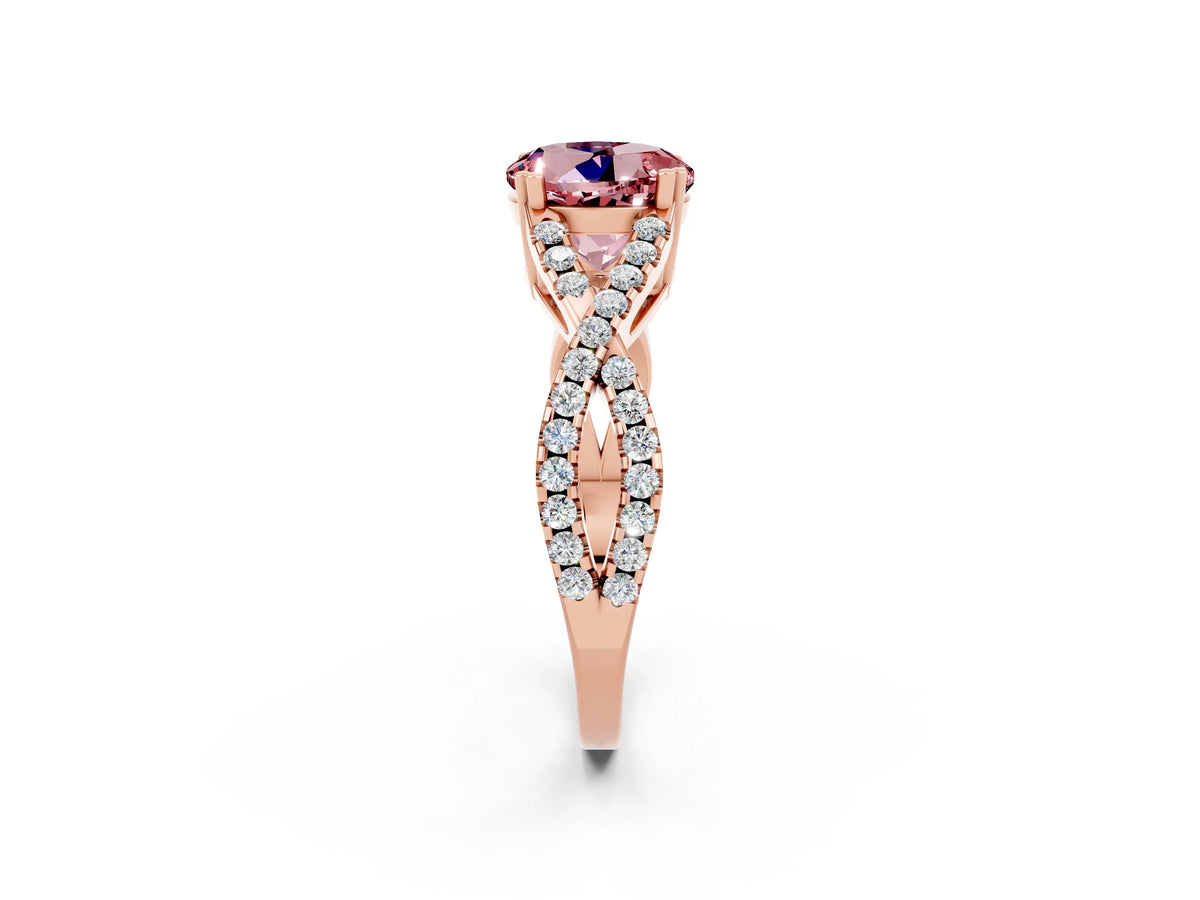 Round Cut Morganite Solitaire Ring in Rose gold with Interwoven Pavé Band and Prong Setting_2