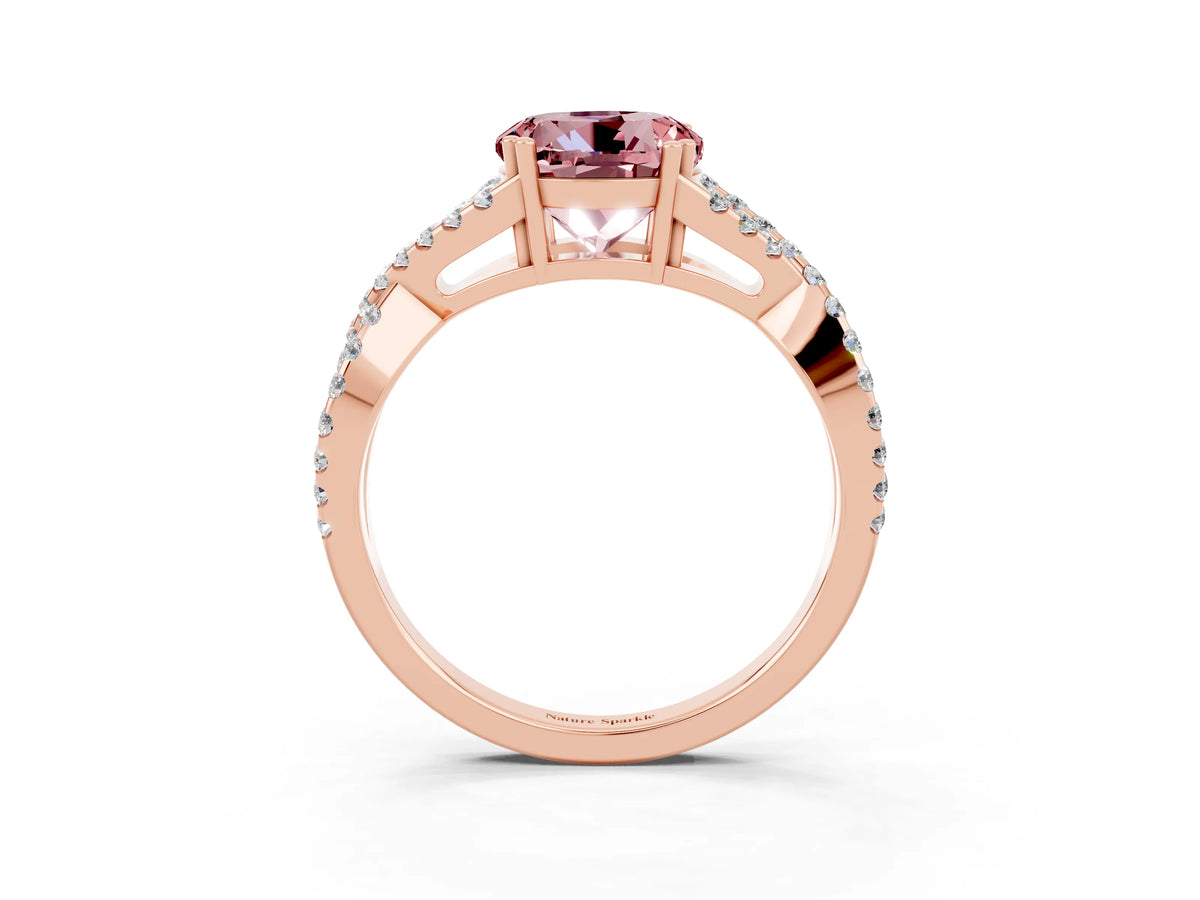 Round Cut Morganite Solitaire Ring in Rose gold with Interwoven Pavé Band and Prong Setting_3