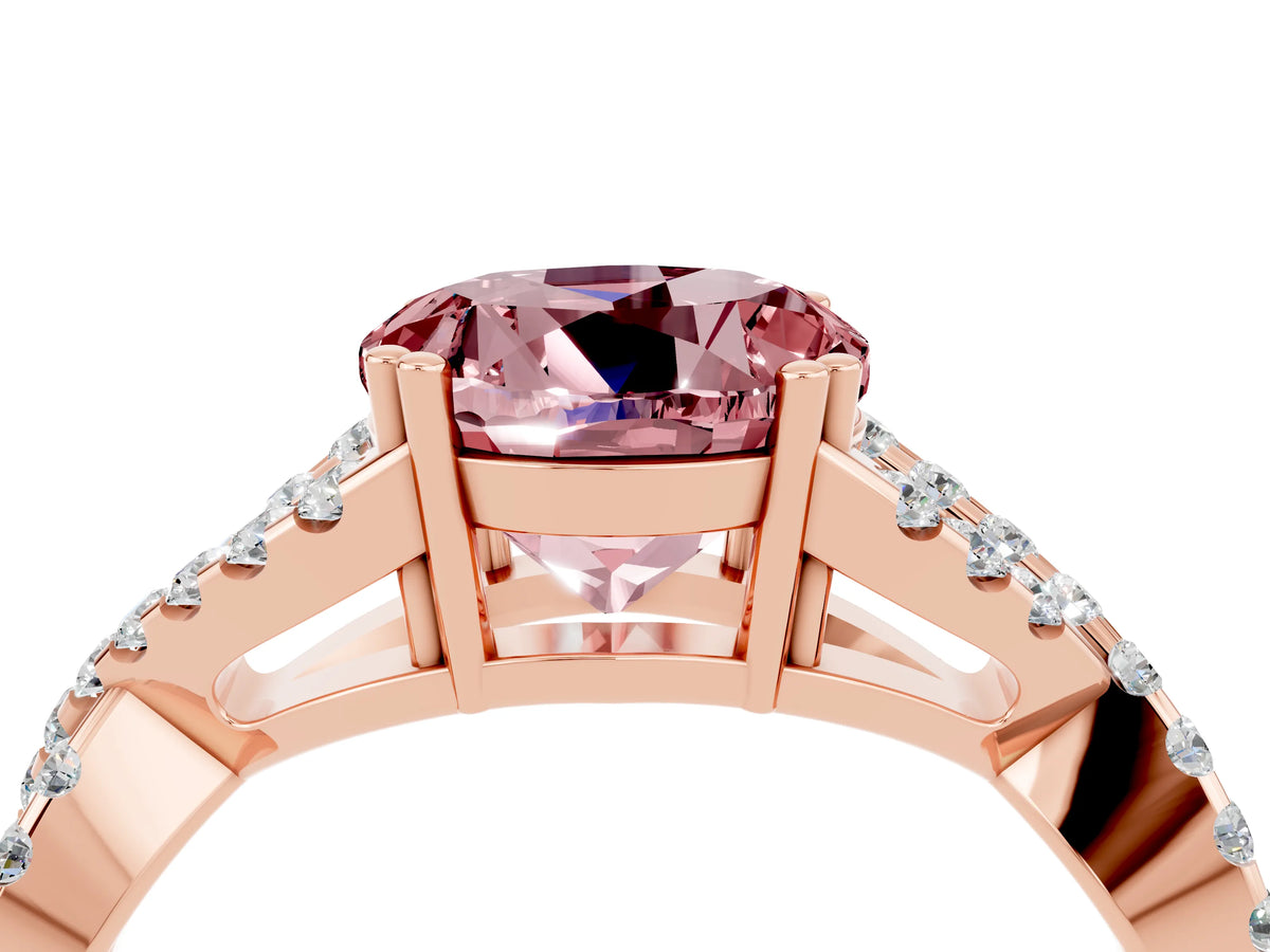 Round Cut Morganite Solitaire Ring in Rose gold with Interwoven Pavé Band and Prong Setting_4