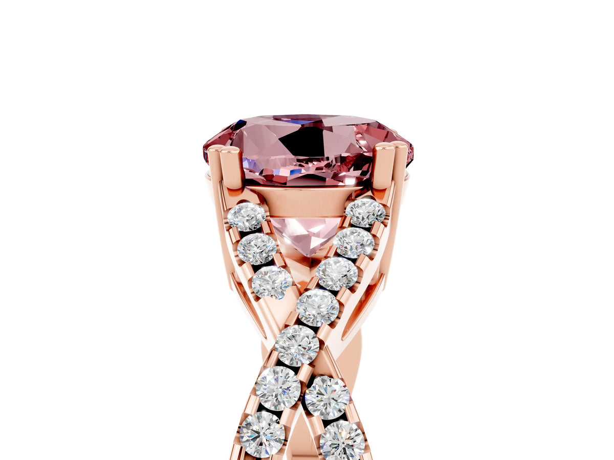 Round Cut Morganite Solitaire Ring in Rose gold with Interwoven Pavé Band and Prong Setting_5
