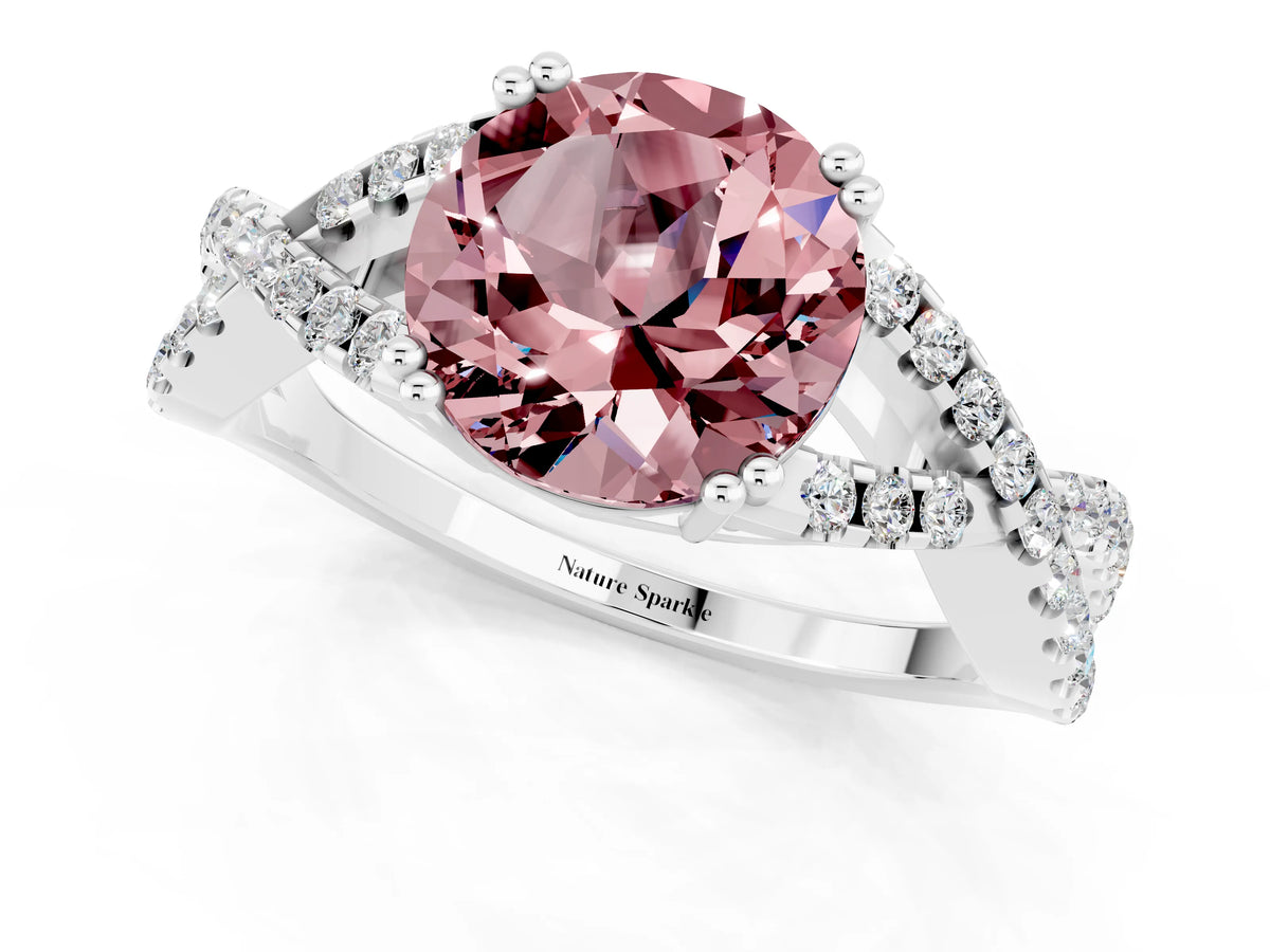 Round Cut Morganite Solitaire Ring in White gold with Interwoven Pavé Band and Prong Setting_1