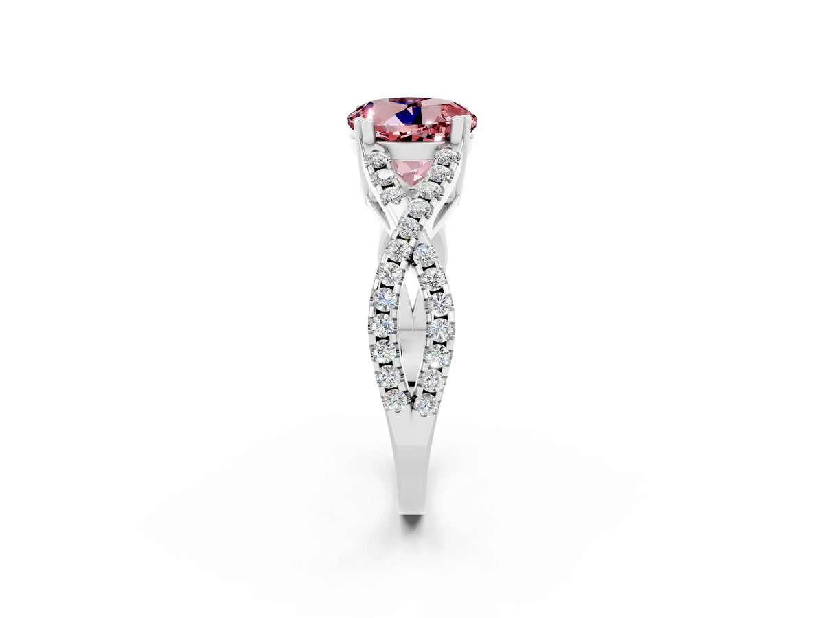 Round Cut Morganite Solitaire Ring in White gold with Interwoven Pavé Band and Prong Setting_2