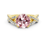 Round Cut Morganite Solitaire Ring in Yellow gold with Interwoven Pavé Band and Prong Setting