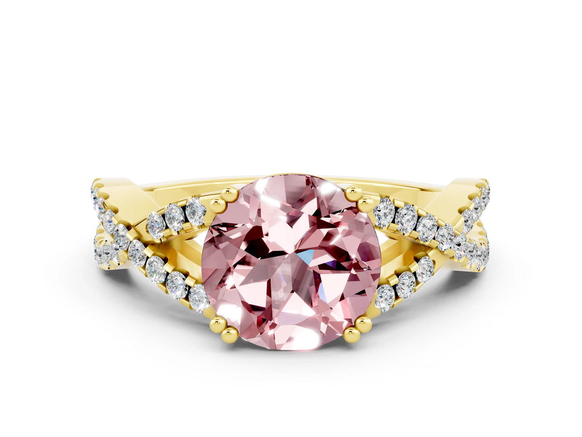 Round Cut Morganite Solitaire Ring in Yellow gold with Interwoven Pavé Band and Prong Setting