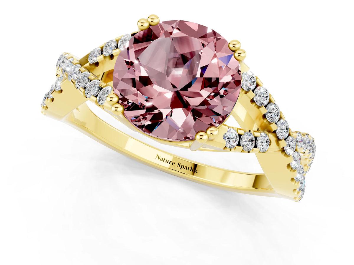 Round Cut Morganite Solitaire Ring in Yellow gold with Interwoven Pavé Band and Prong Setting_1