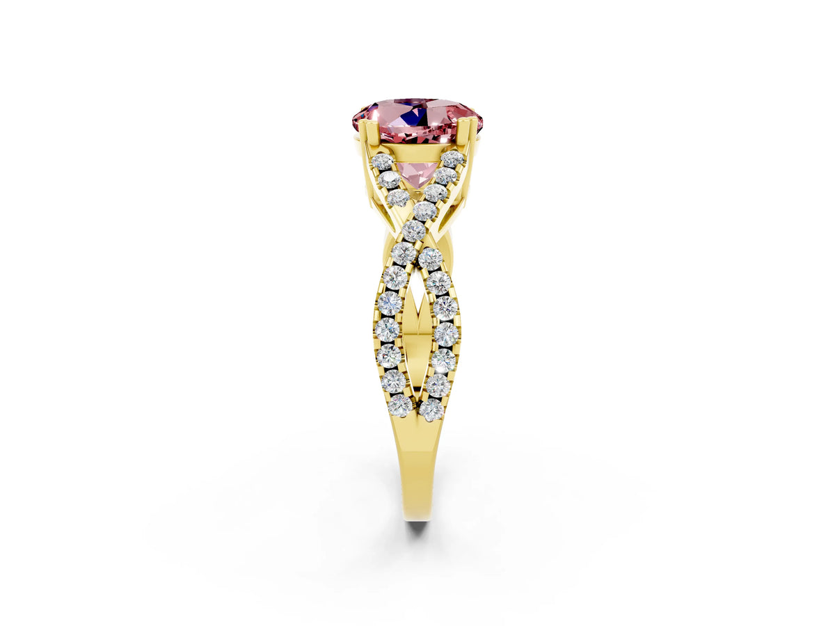 Round Cut Morganite Solitaire Ring in Yellow gold with Interwoven Pavé Band and Prong Setting_2
