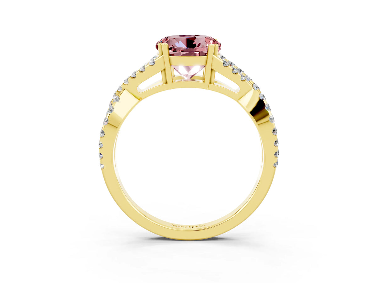 Round Cut Morganite Solitaire Ring in Yellow gold with Interwoven Pavé Band and Prong Setting_3