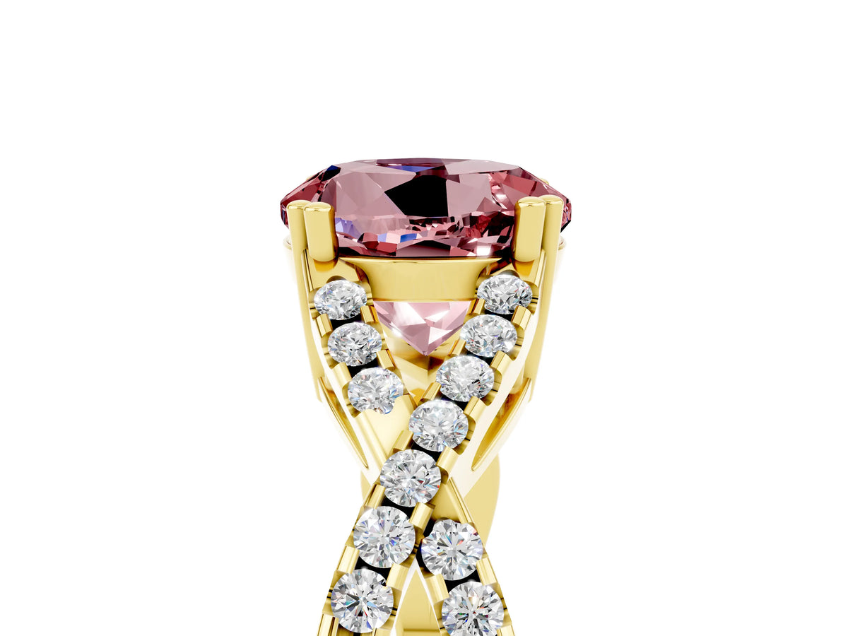 Round Cut Morganite Solitaire Ring in Yellow gold with Interwoven Pavé Band and Prong Setting_5